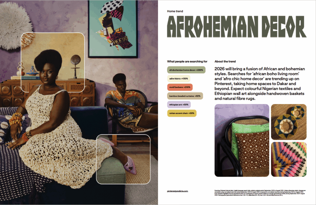 Afrohemian interior scene featuring bold African textiles, natural fibre rugs, carved timber furniture and rich earthy colours with two people styled in textured fashion.
