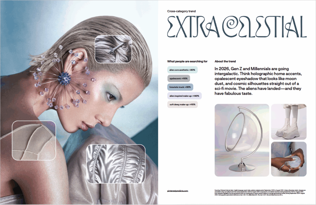 Cosmic-inspired fashion and interior elements with iridescent textures, metallic finishes, holographic details and futuristic styling in soft pastel hues.