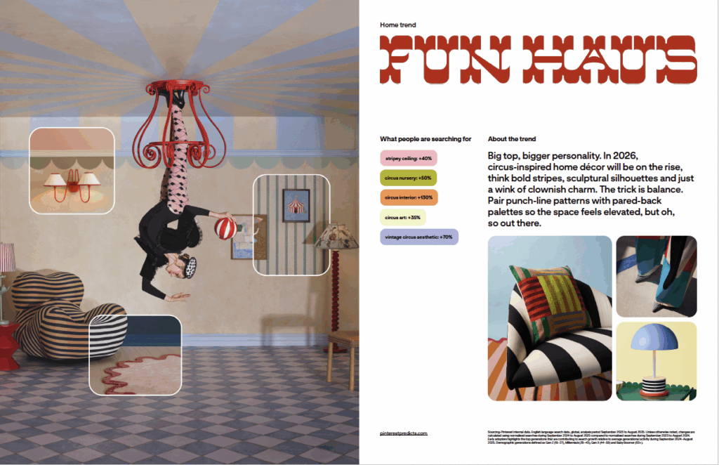 Playful circus-inspired interior with bright stripes, sculptural furniture, pastel walls, checkerboard floors and whimsical, theatrical décor.
