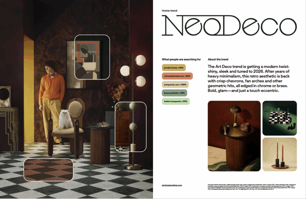 Modern Art Deco interior with chrome details, geometric patterns, deep jewel tones, marble textures and sculptural furniture.