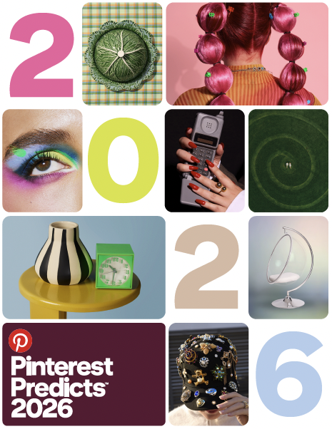 Pinterest Predicts 2026 trend collage featuring bold colour palettes, sculptural home décor, futuristic shapes, vibrant fashion details and graphic styling elements, showcasing the key visual themes influencing 2026 interior design trends.