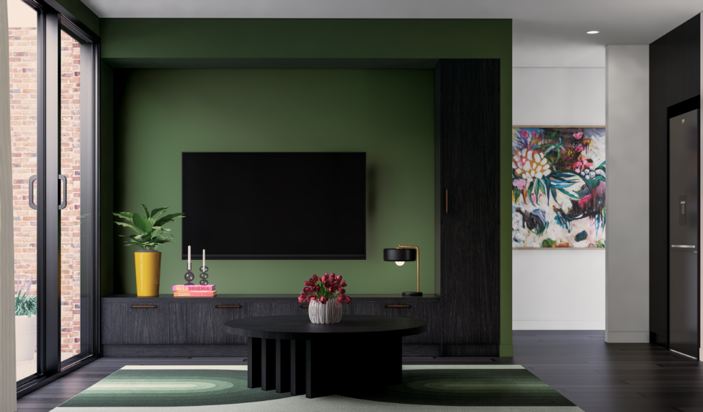 Colourful interior design making a small room feel warm and inviting