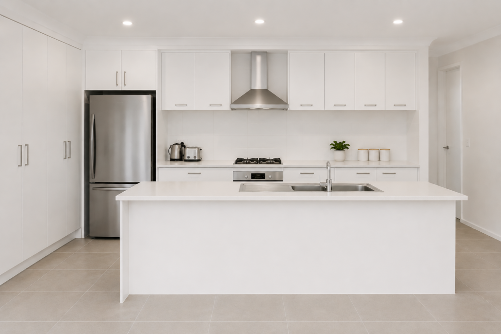 Basic white kitchen showing a neutral interior designed with resale value in mind. How to add personality to your home beyond a basic white kitchen